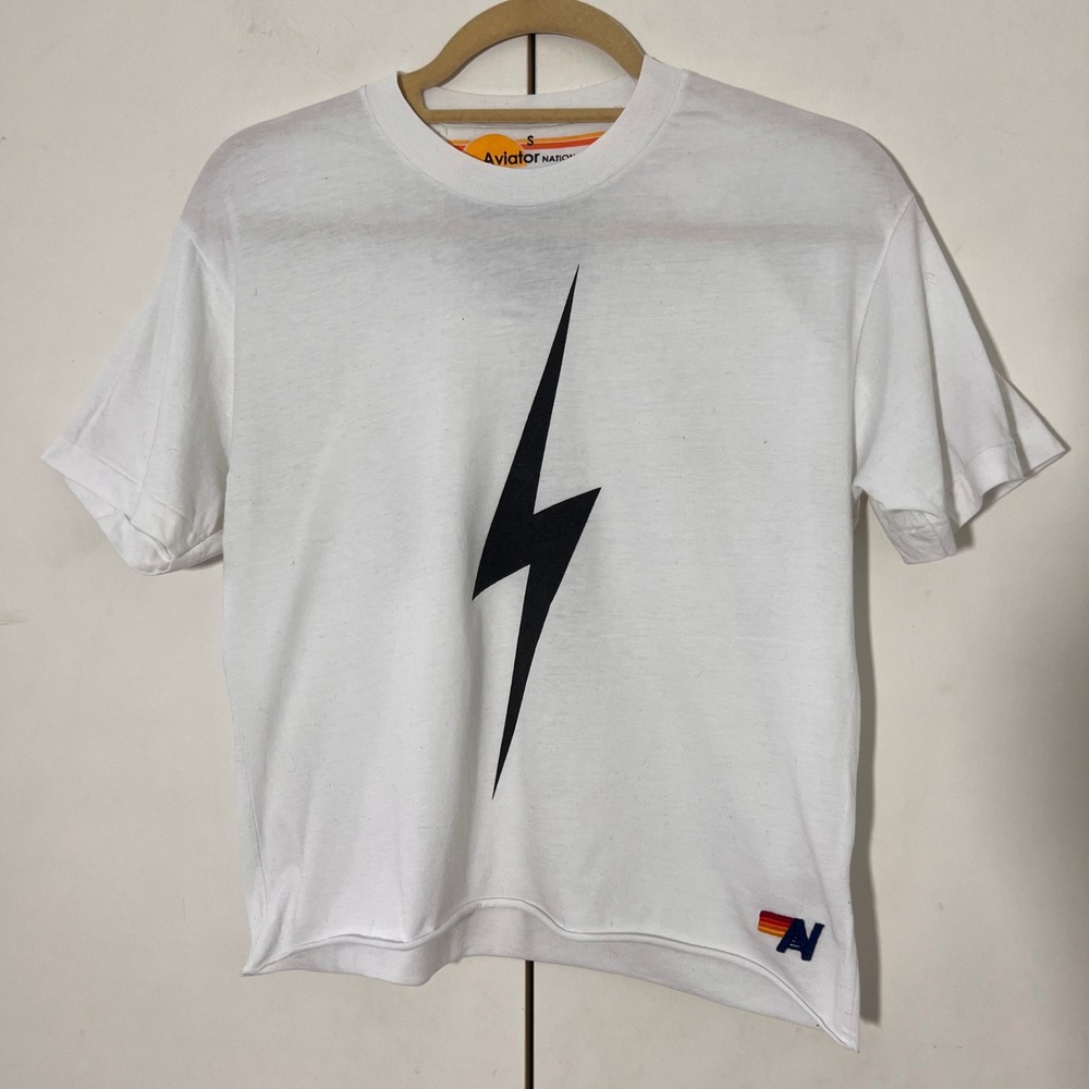 Aviator Nation Bolt Boyfriend T-Shirt Womens S White Raw Hem Short Sleeve